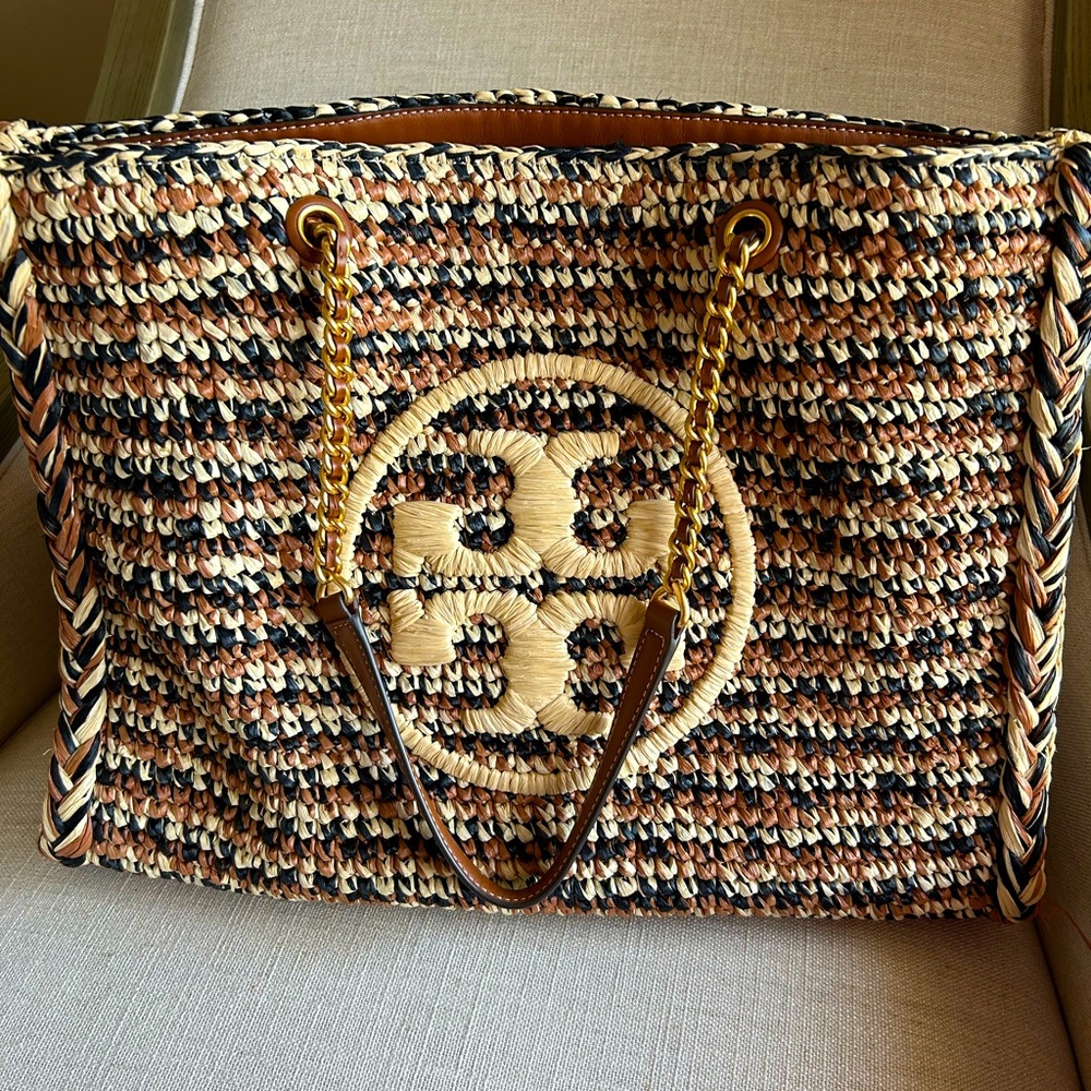 Tory Burch Raffia large tote bag with leather trims